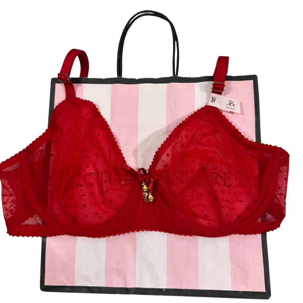 NWT Victoria's Secret Very Sexy Red Swiss Dot Unlined Demi Bra 36C Jingle Bells